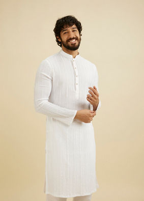 Manyavar Men Warm White Self Striped Texture Kurta image number 0