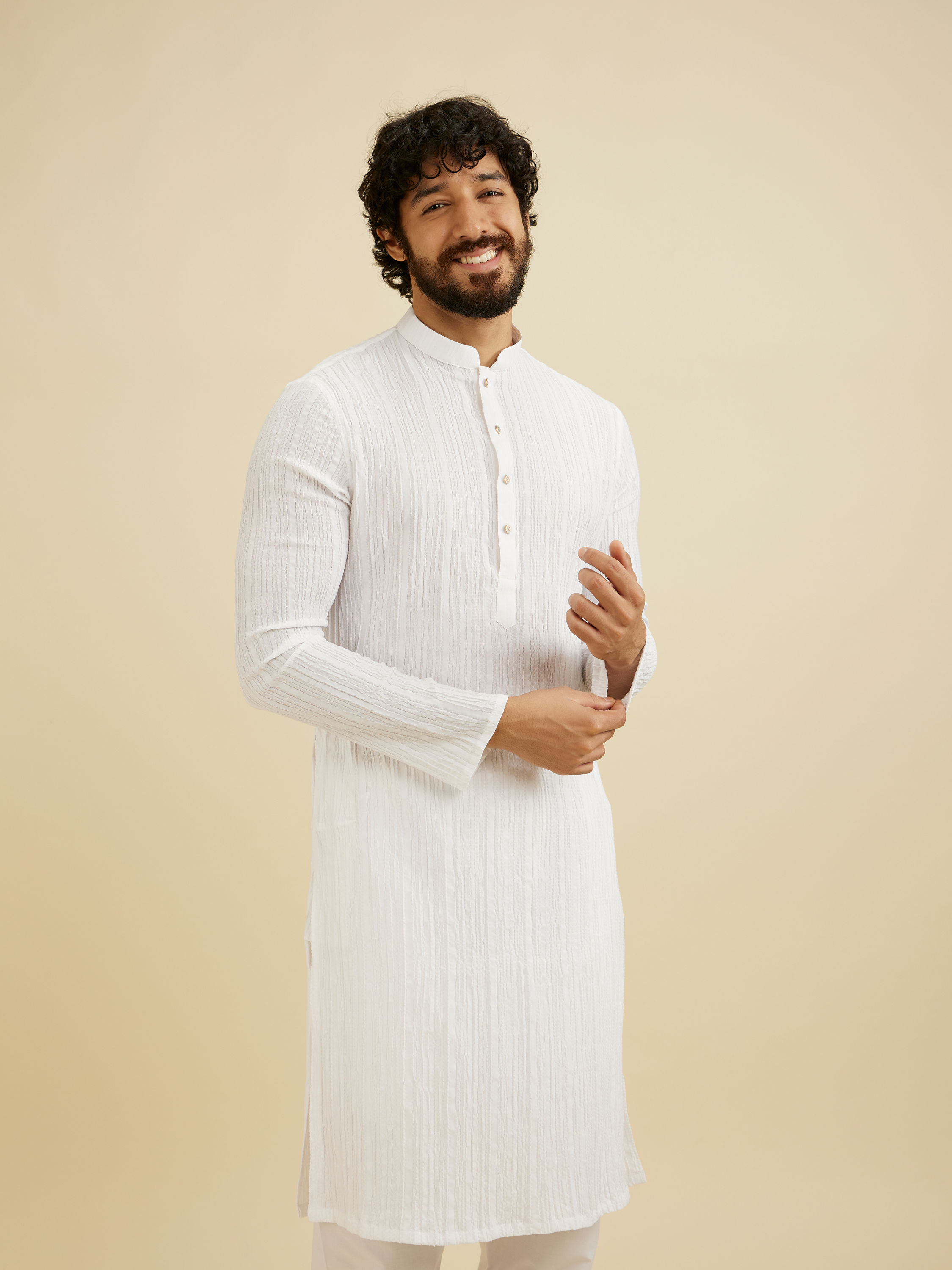 Manyavar Men Warm White Self Striped Texture Kurta