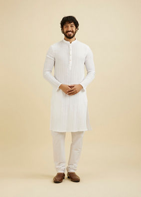 Manyavar Men Warm White Self Striped Texture Kurta image number 2