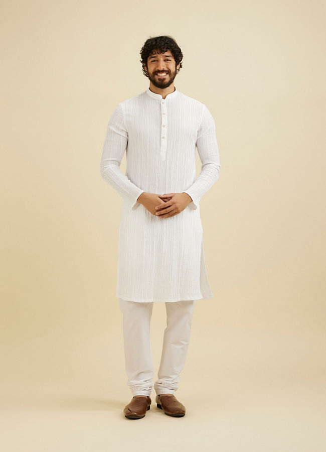 Manyavar Men Warm White Self Striped Texture Kurta