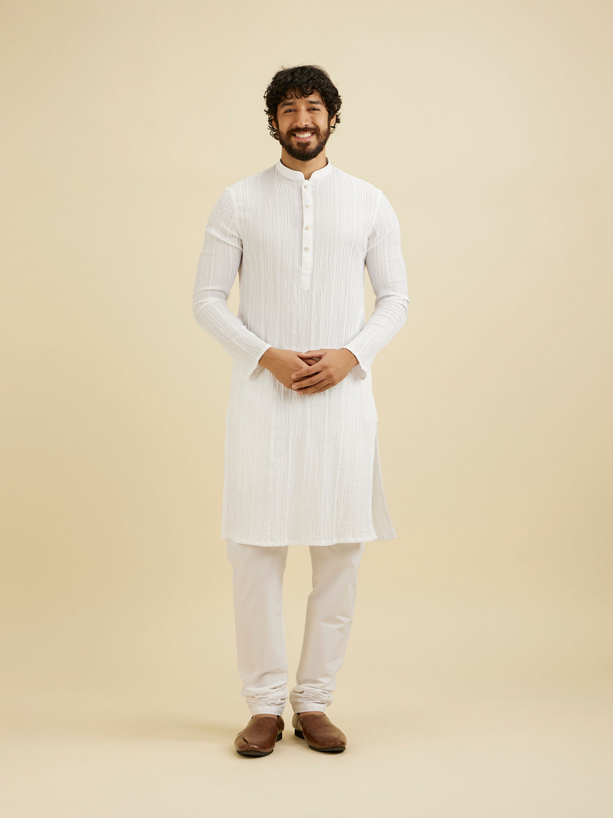 Manyavar Men Warm White Self Striped Texture Kurta