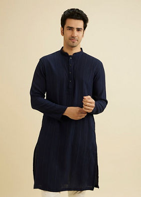 Manyavar Men Indigo Blue Self Striped Texture Kurta image number 0