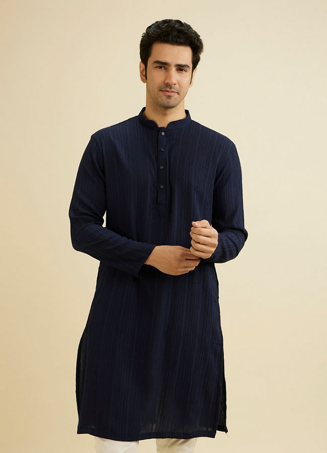 Manyavar Men Indigo Blue Self Striped Texture Kurta image number 0