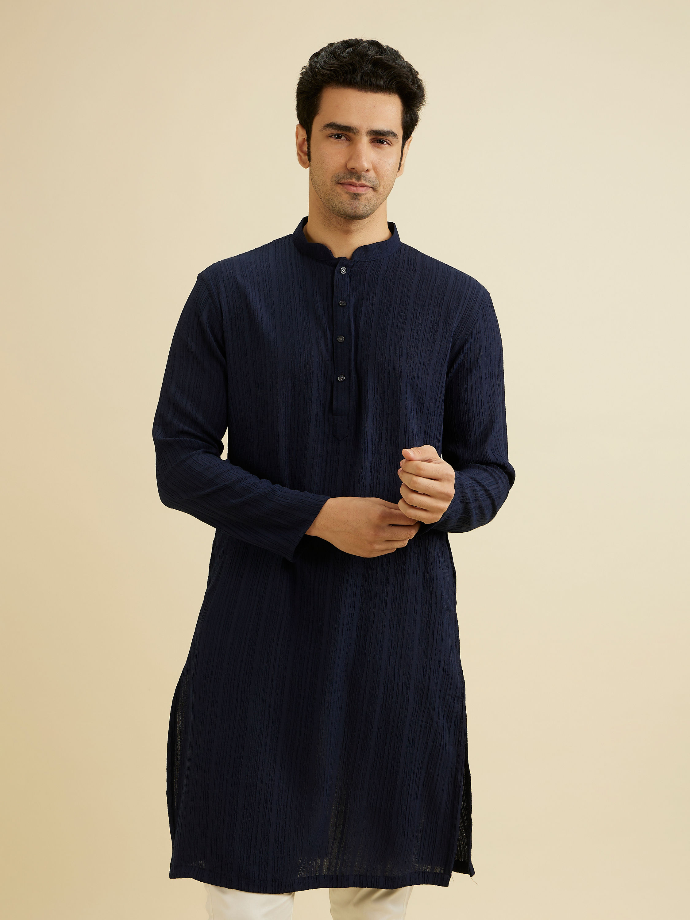 Manyavar Men Indigo Blue Self Striped Texture Kurta