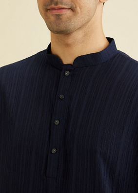 Manyavar Men Indigo Blue Self Striped Texture Kurta image number 1