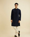 Manyavar Men Indigo Blue Self Striped Texture Kurta