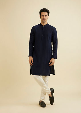 Manyavar Men Indigo Blue Self Striped Texture Kurta image number 2