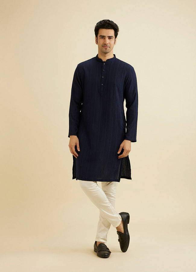 Manyavar Men Indigo Blue Self Striped Texture Kurta image number 2