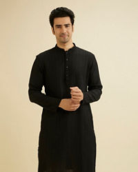 Manyavar Men Midnight Black Self Striped Texture Kurta