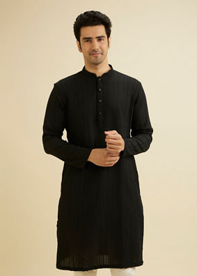 Manyavar Men Midnight Black Self Striped Texture Kurta image number 0