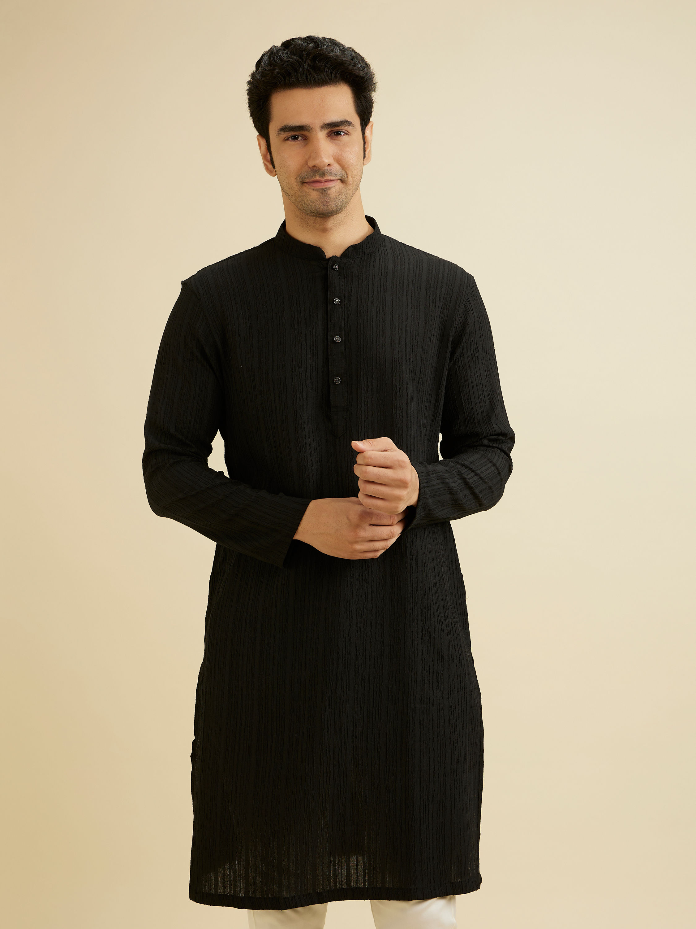 Manyavar Men Midnight Black Self Striped Texture Kurta