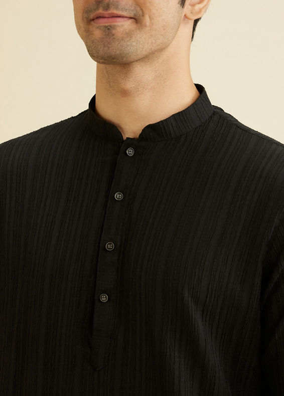 Manyavar Men Midnight Black Self Striped Texture Kurta