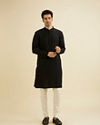 Manyavar Men Midnight Black Self Striped Texture Kurta