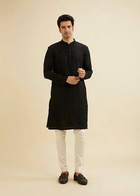 Manyavar Men Midnight Black Self Striped Texture Kurta image number 2