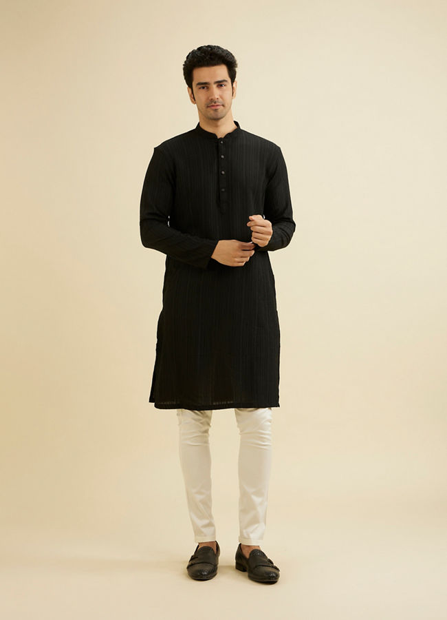 Manyavar Men Midnight Black Self Striped Texture Kurta