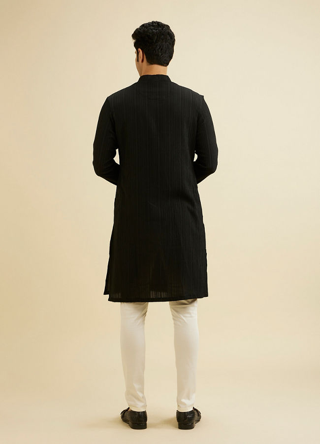 Manyavar Men Midnight Black Self Striped Texture Kurta image number 4