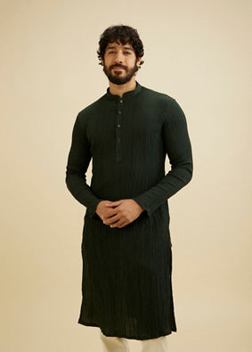 Manyavar Men Bottle Green Self Striped Texture Kurta image number 0