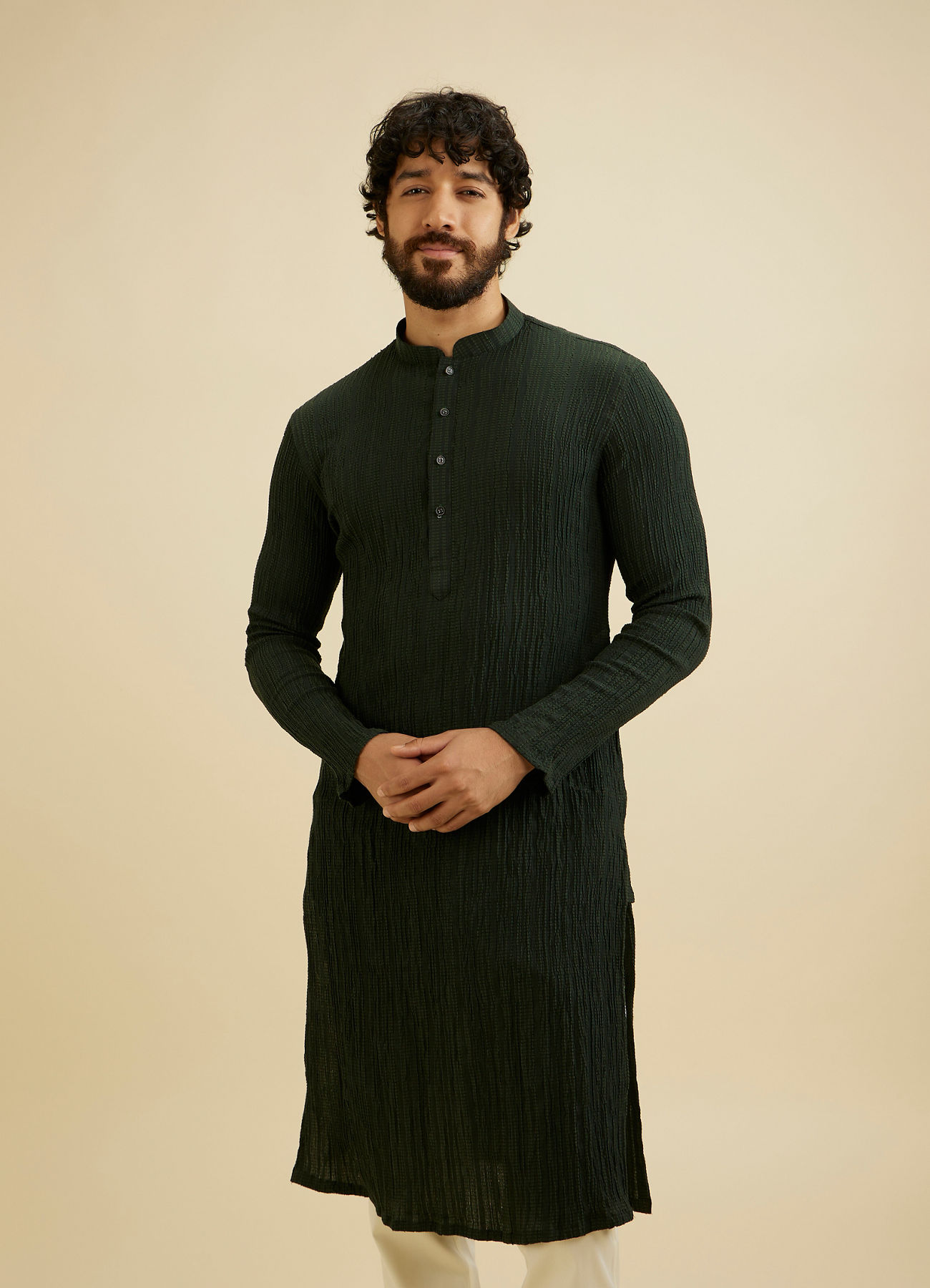 Manyavar Men Bottle Green Self Striped Texture Kurta