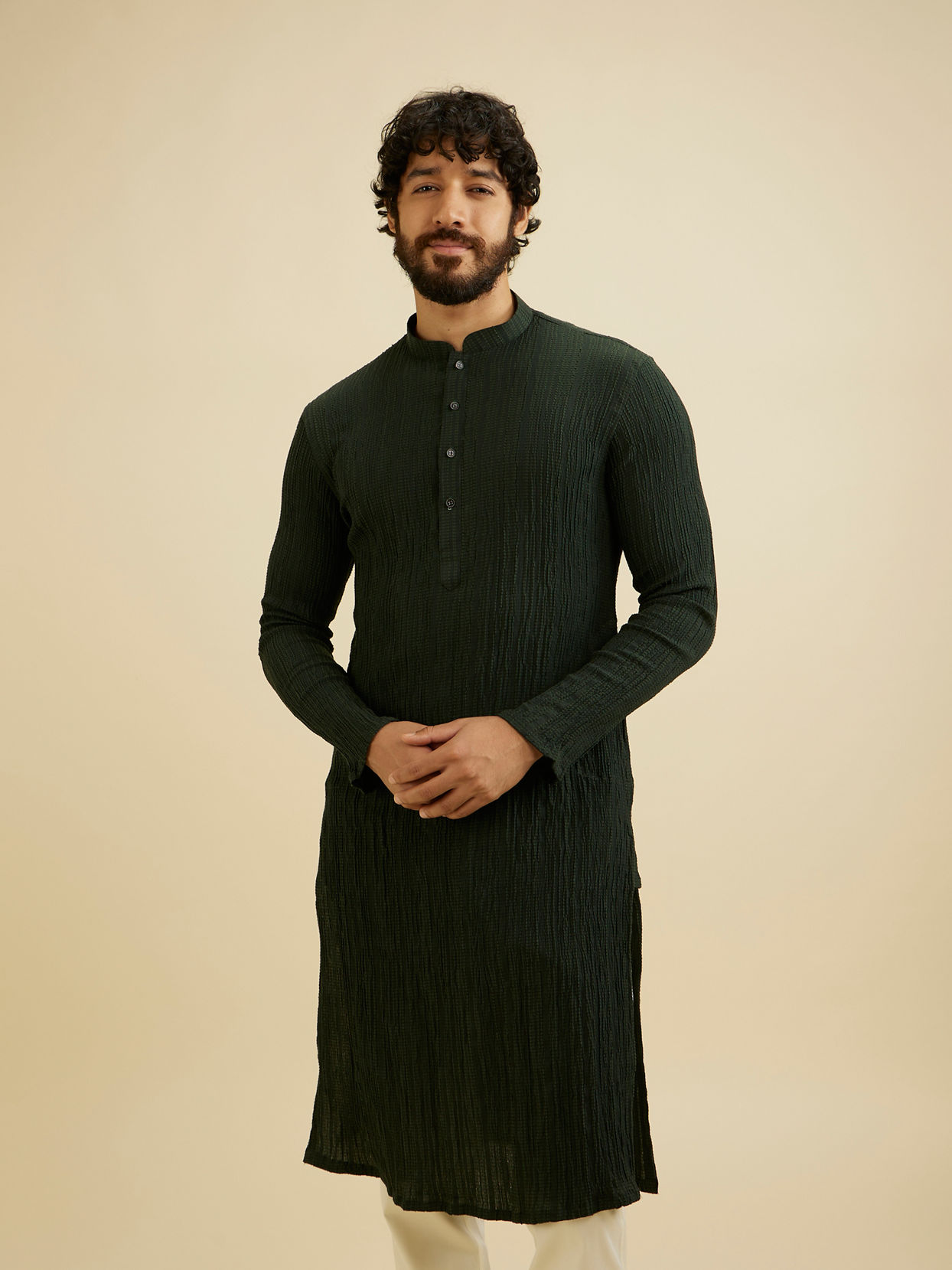 Manyavar Men Bottle Green Self Striped Texture Kurta image number 0