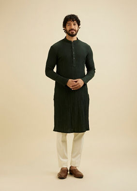 Manyavar Men Bottle Green Self Striped Texture Kurta image number 2