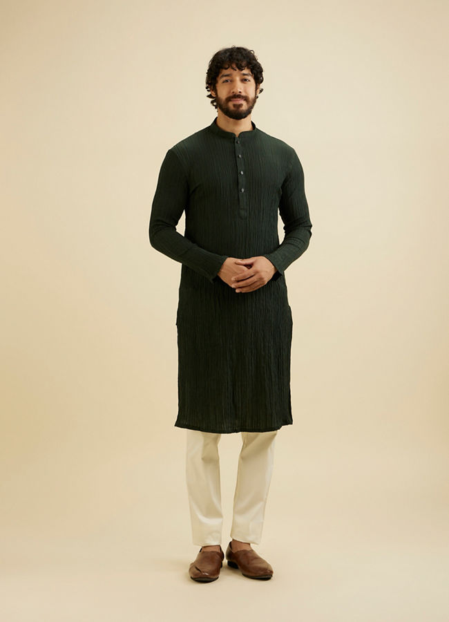 Manyavar Men Bottle Green Self Striped Texture Kurta