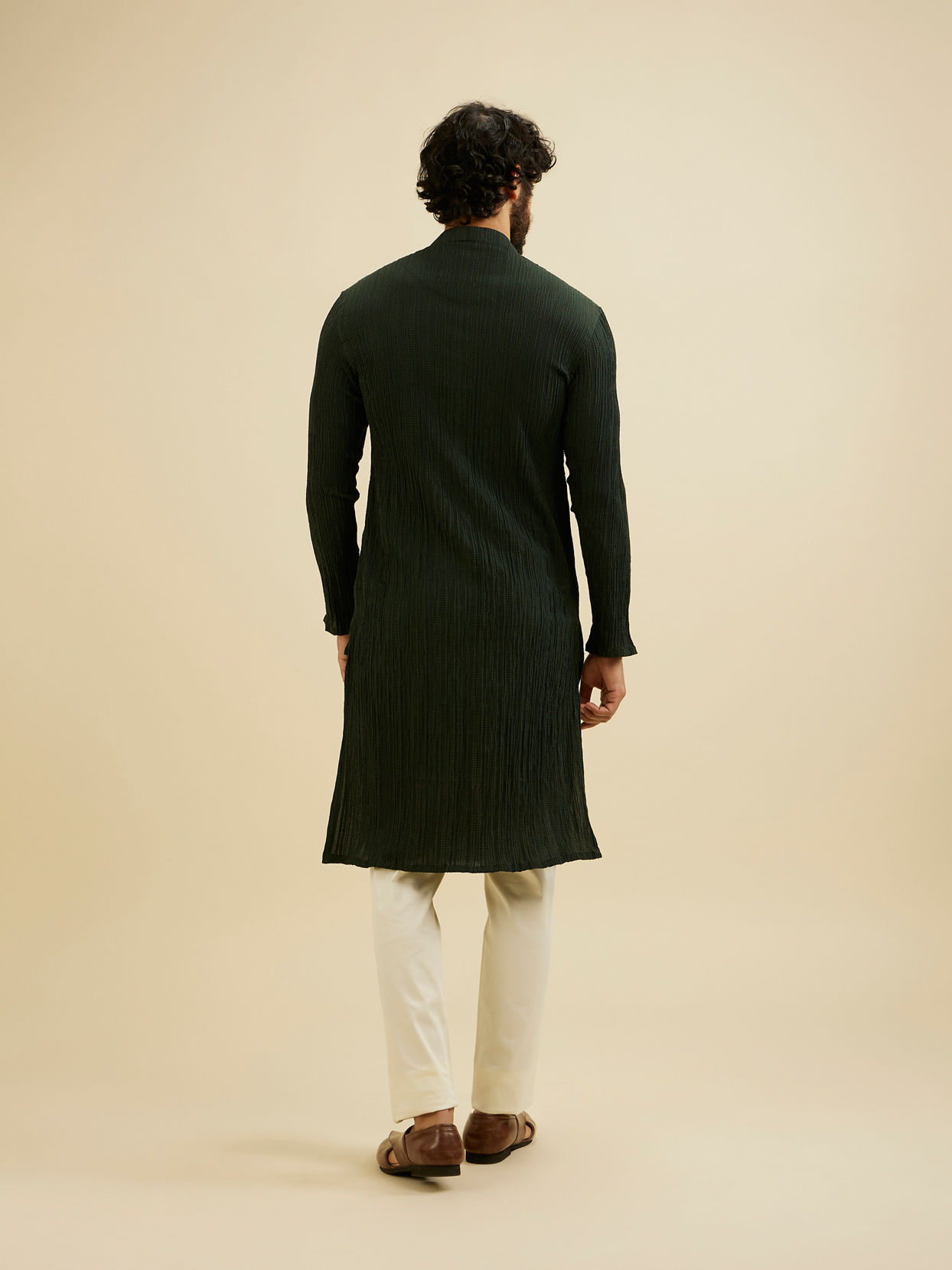 Manyavar Men Bottle Green Self Striped Texture Kurta