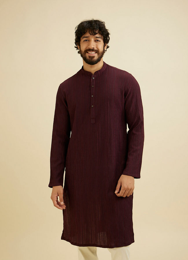 Manyavar Men Wine Red Self Striped Texture Kurta image number 0