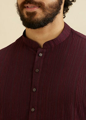 Manyavar Men Wine Red Self Striped Texture Kurta