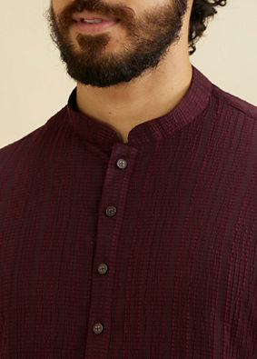 Manyavar Men Wine Red Self Striped Texture Kurta image number 1