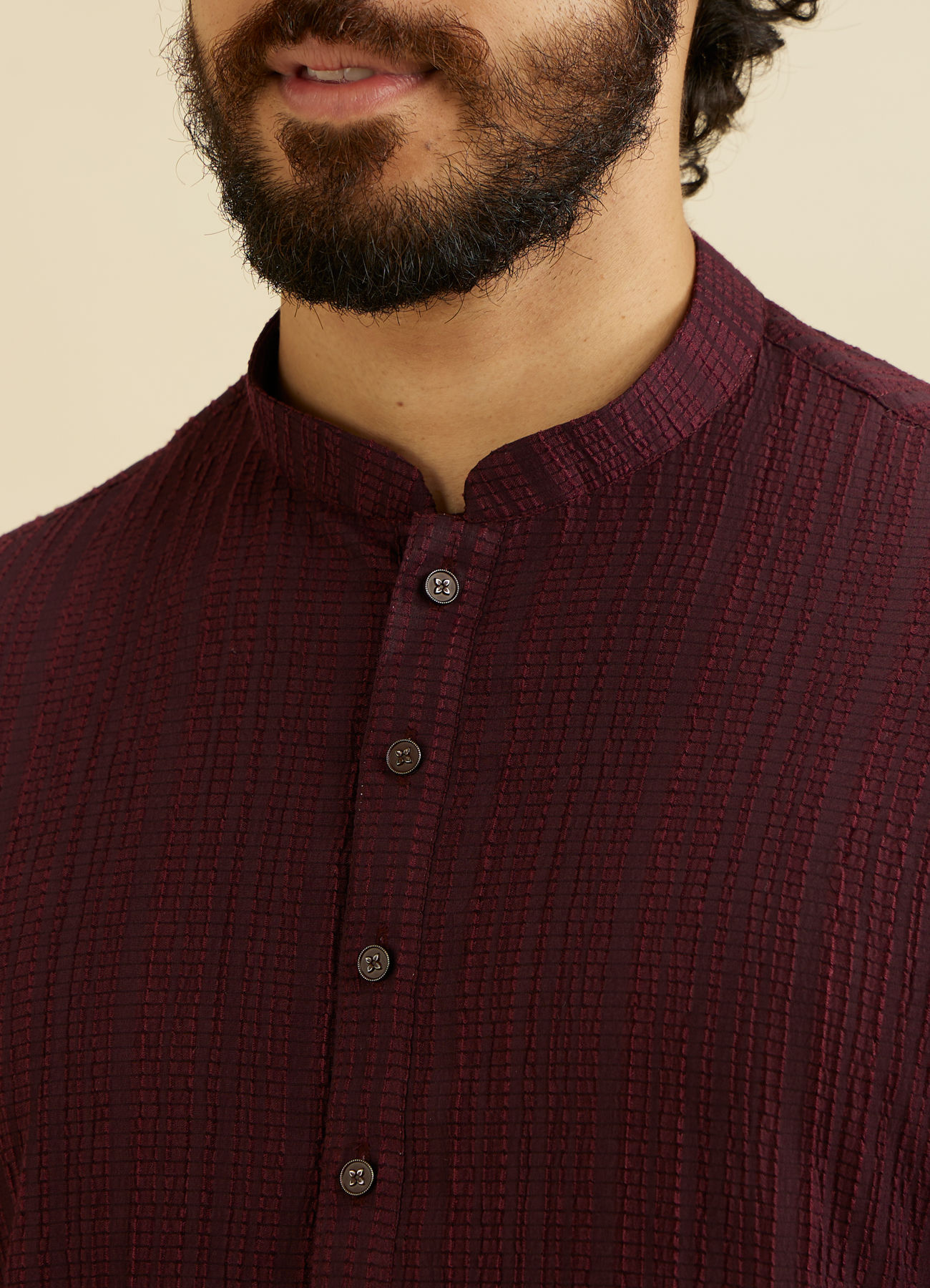 Manyavar Men Wine Red Self Striped Texture Kurta