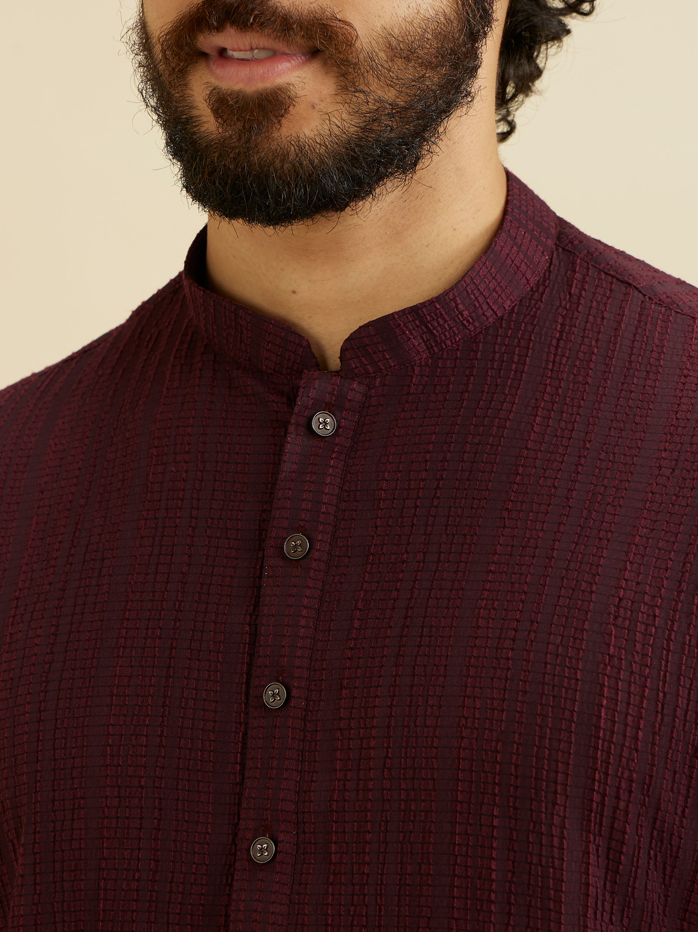 Manyavar Men Wine Red Self Striped Texture Kurta