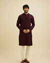 Manyavar Men Wine Red Self Striped Texture Kurta