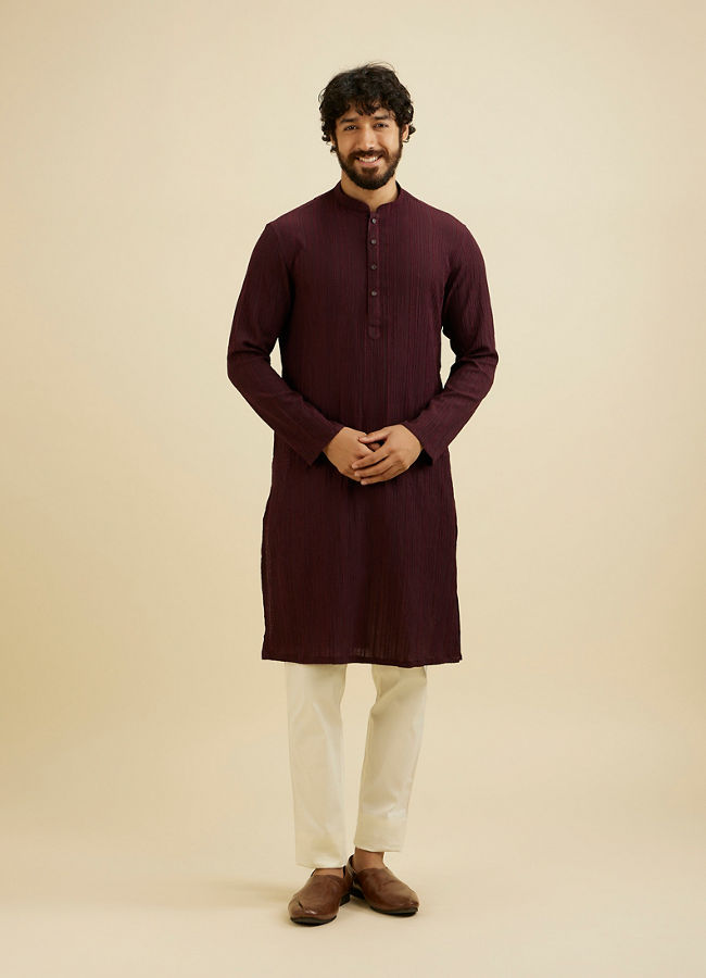 Manyavar Men Wine Red Self Striped Texture Kurta