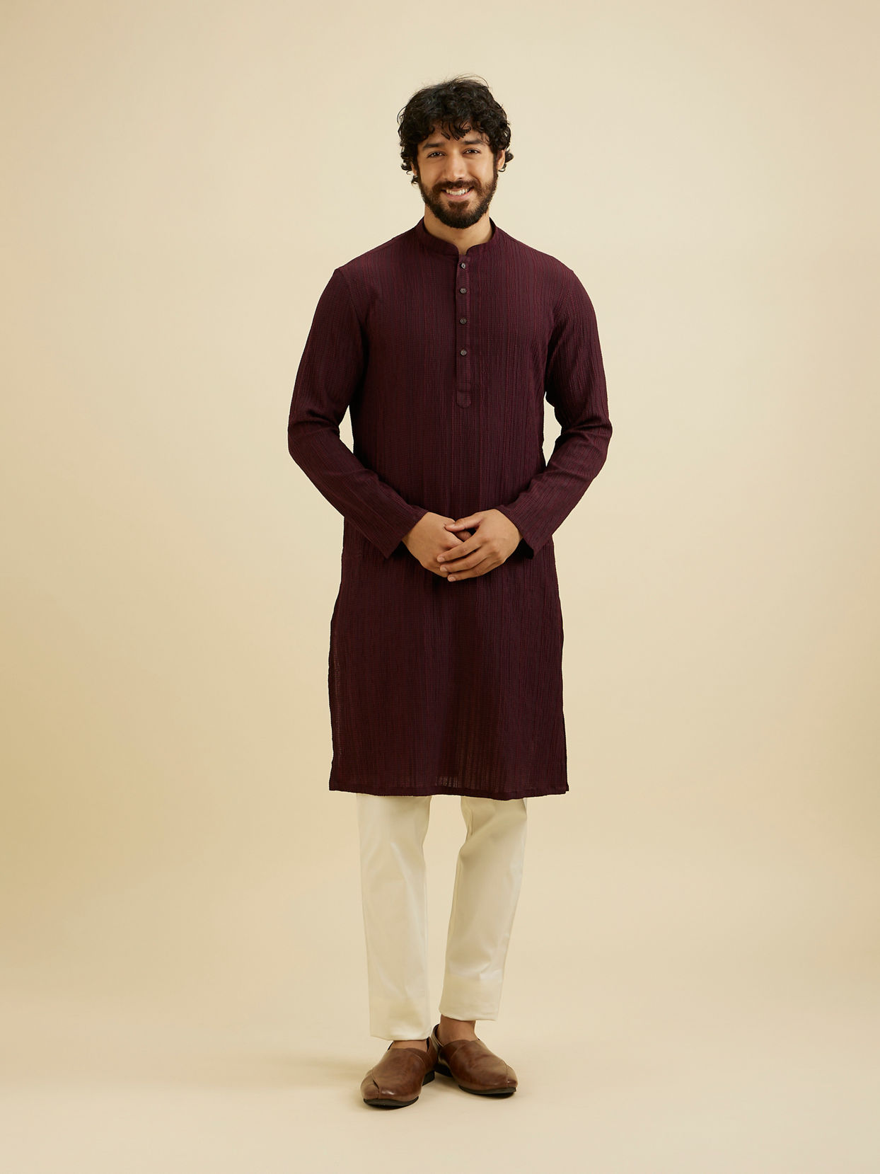 Manyavar Men Wine Red Self Striped Texture Kurta image number 2