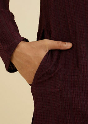 Manyavar Men Wine Red Self Striped Texture Kurta image number 3