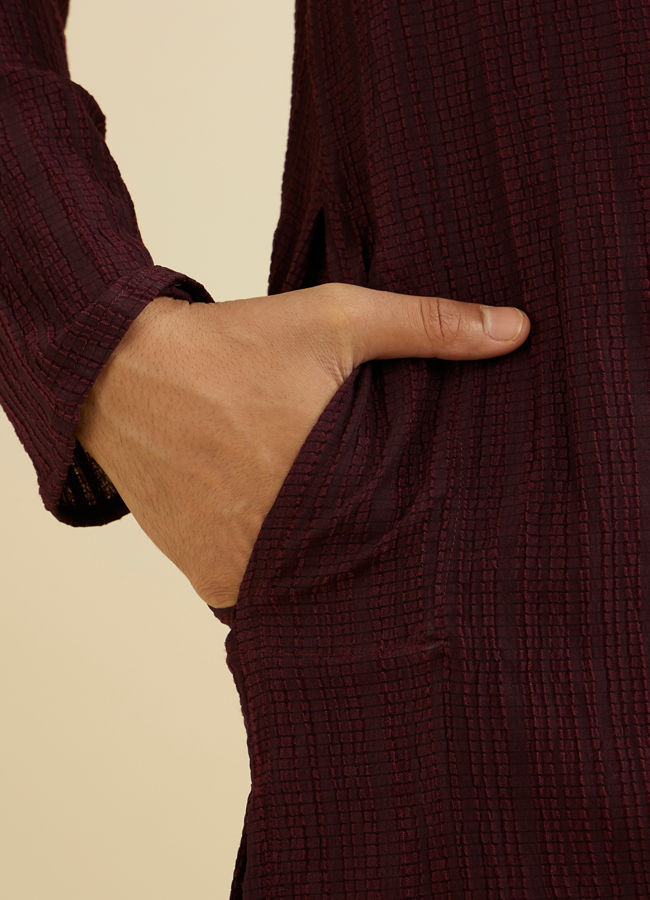 Manyavar Men Wine Red Self Striped Texture Kurta image number 3