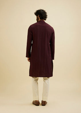 Manyavar Men Wine Red Self Striped Texture Kurta image number 4