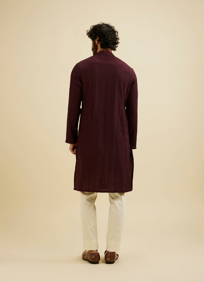 Manyavar Men Wine Red Self Striped Texture Kurta image number 4