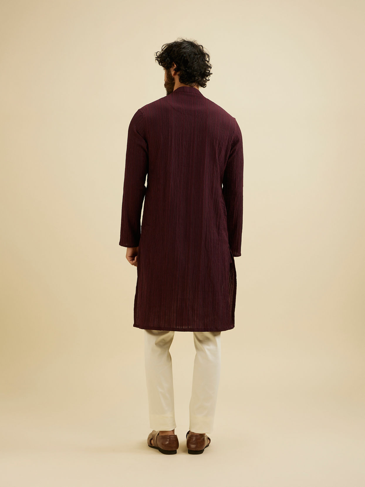 Manyavar Men Wine Red Self Striped Texture Kurta