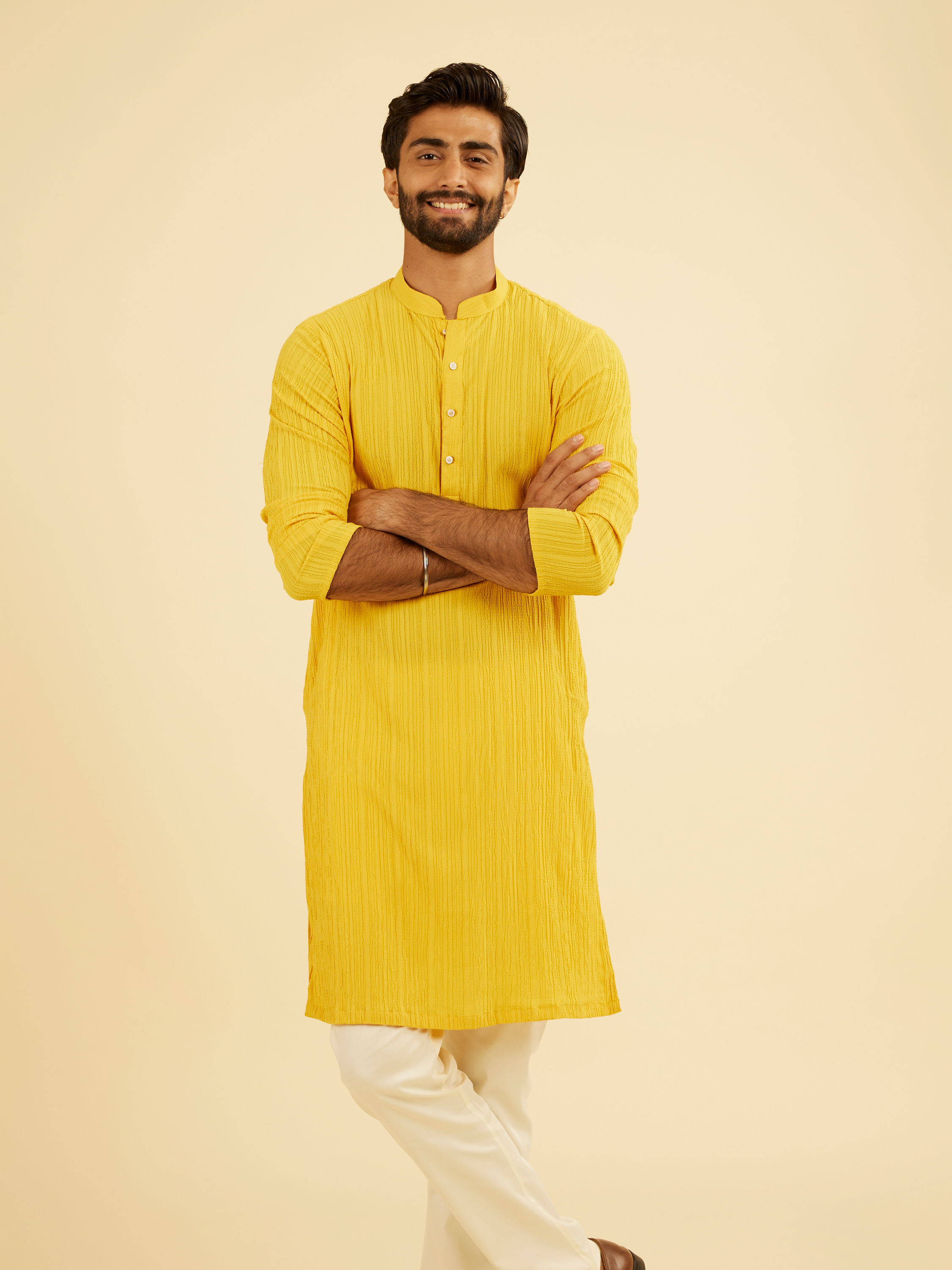 Manyavar Men Mustard Yellow Spandex Kurta
