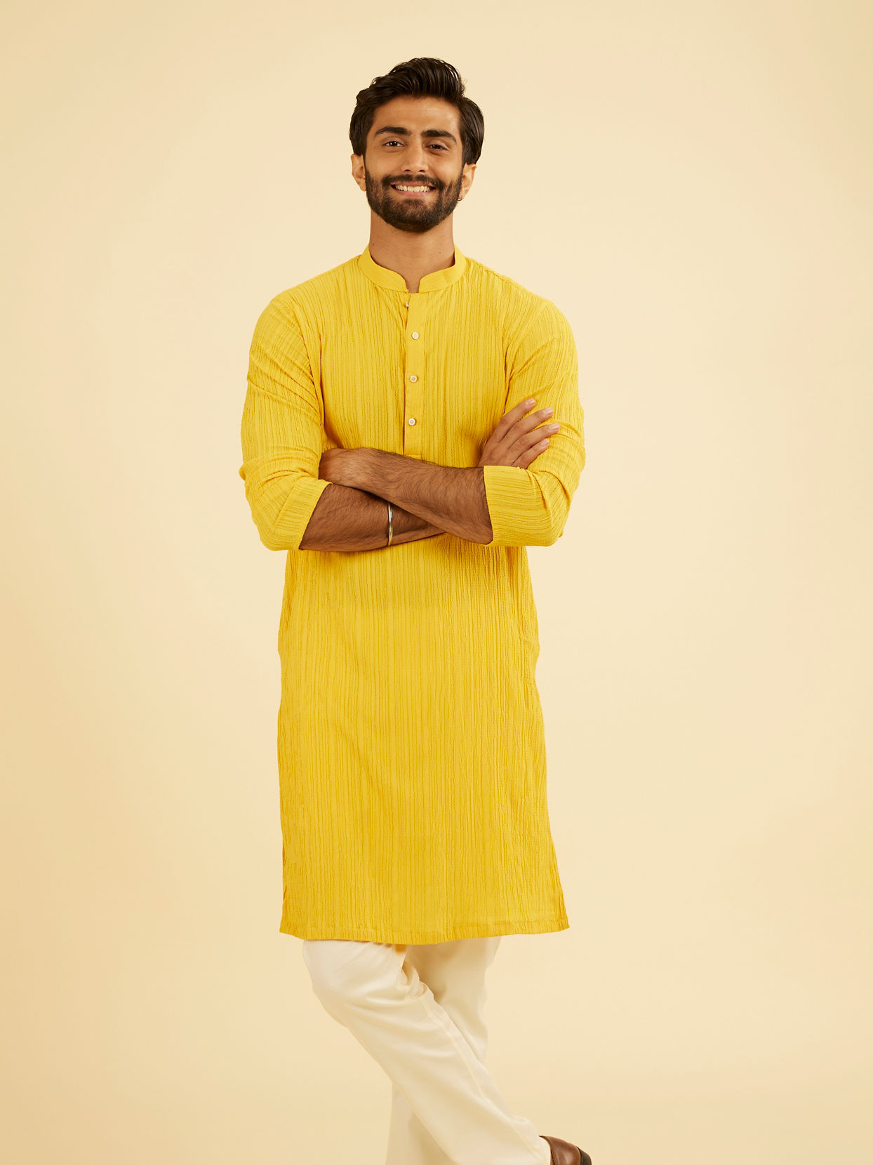 Manyavar Men Mustard Yellow Spandex Kurta