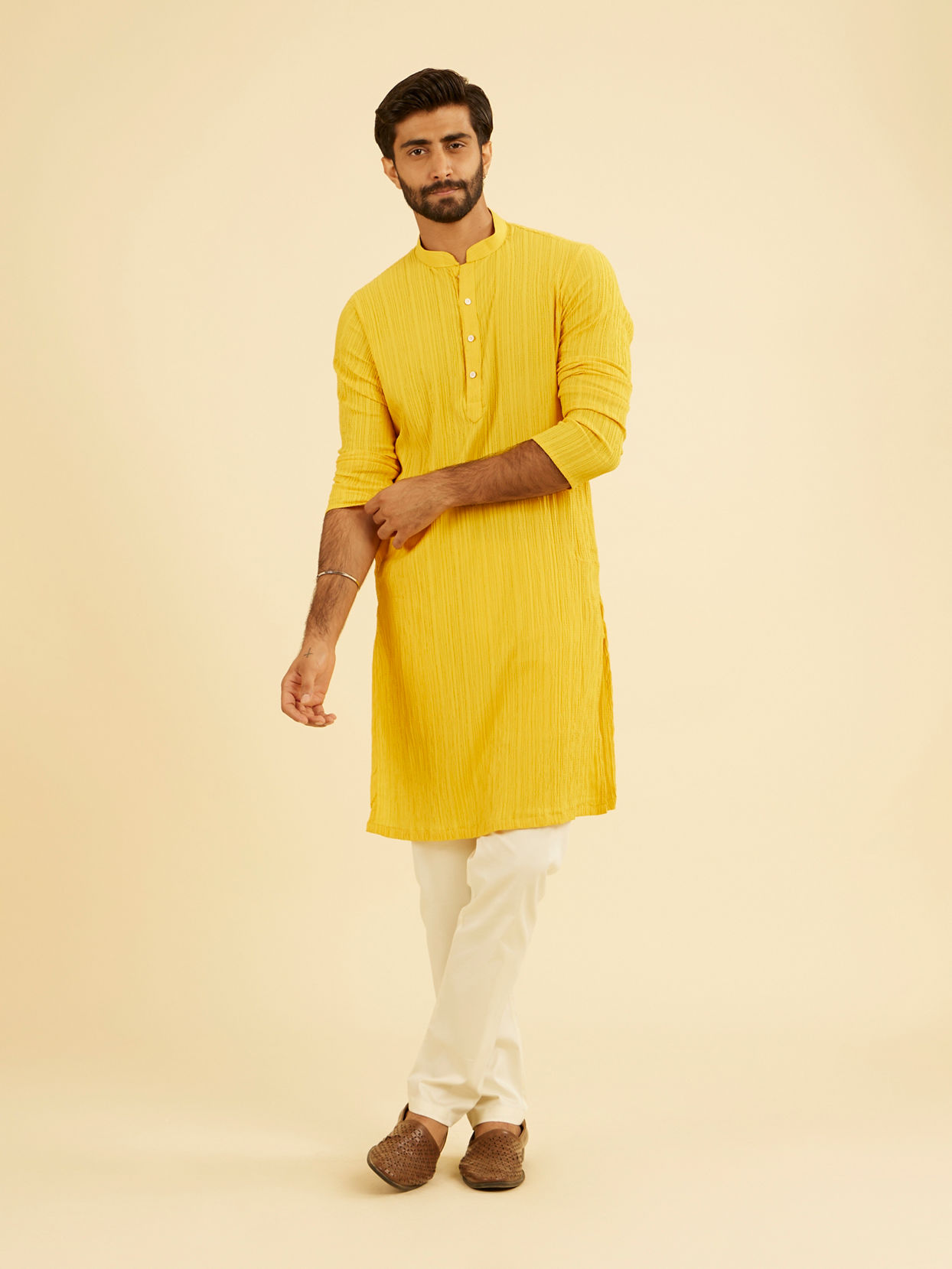 Manyavar Men Mustard Yellow Spandex Kurta