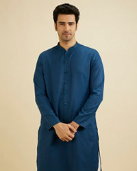 Manyavar Men Teal Blue Self Textured Kurta