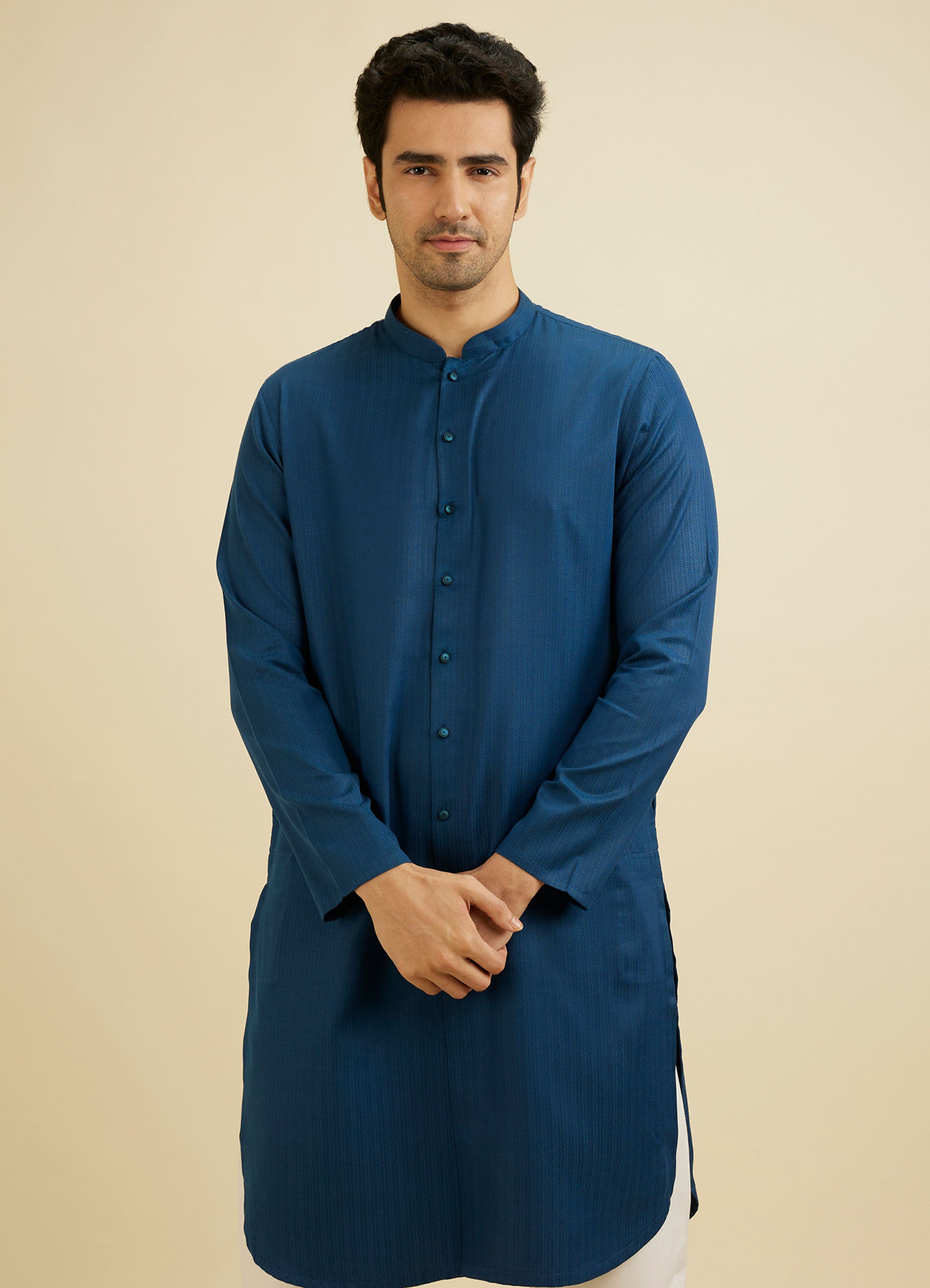 Manyavar Men Teal Blue Self Textured Kurta