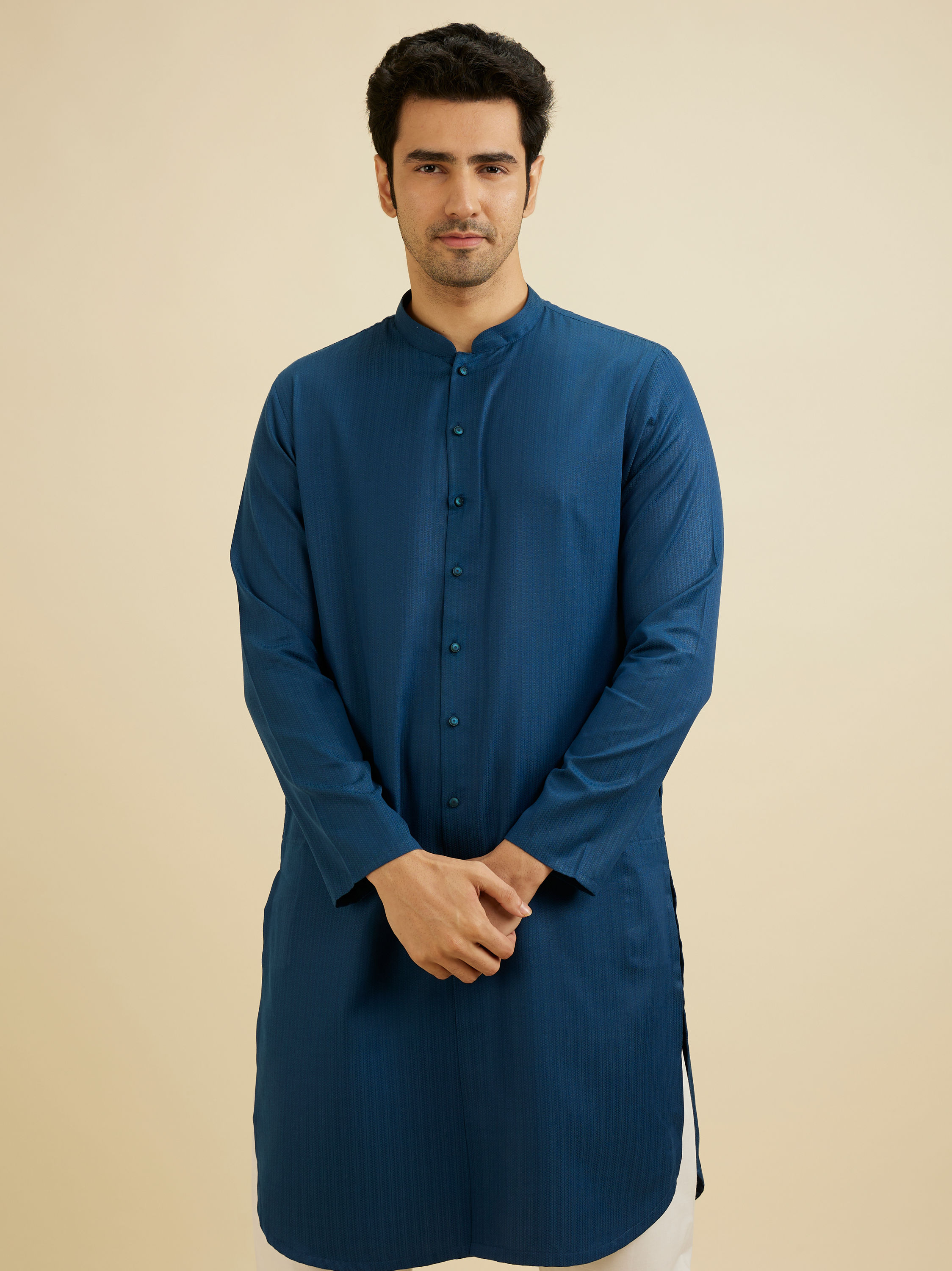 Manyavar Men Teal Blue Self Textured Kurta