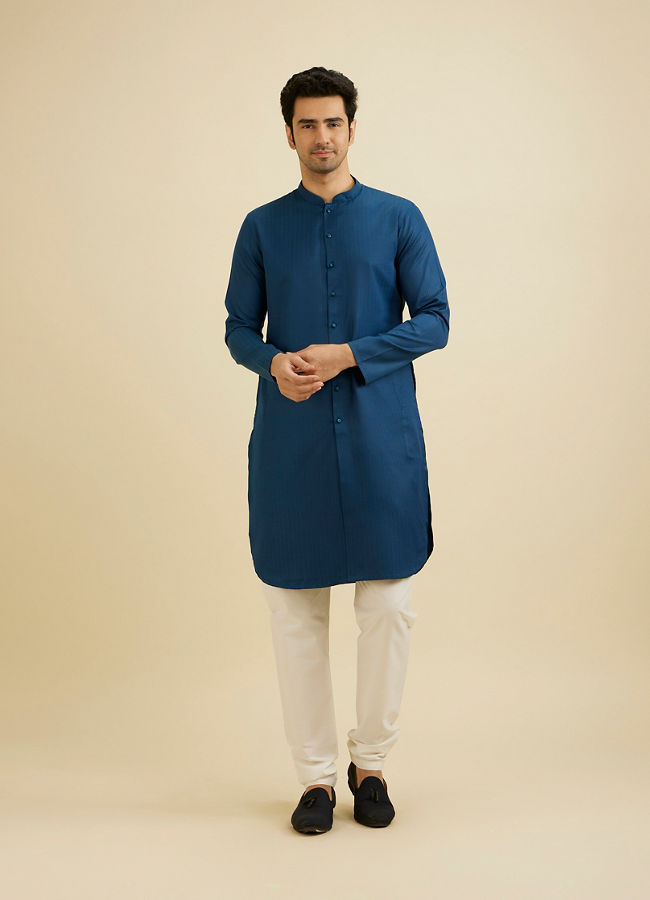 Manyavar Men Teal Blue Self Textured Kurta