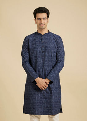 Manyavar Men Navy Blue Aztec Printed Kurta