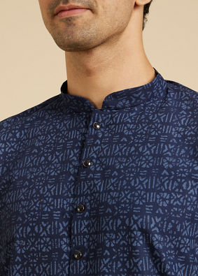 Manyavar Men Navy Blue Aztec Printed Kurta