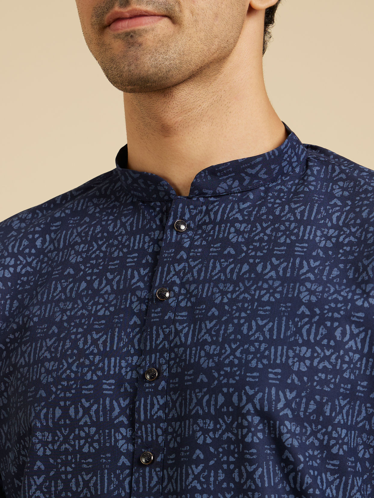 Manyavar Men Navy Blue Aztec Printed Kurta image number 1