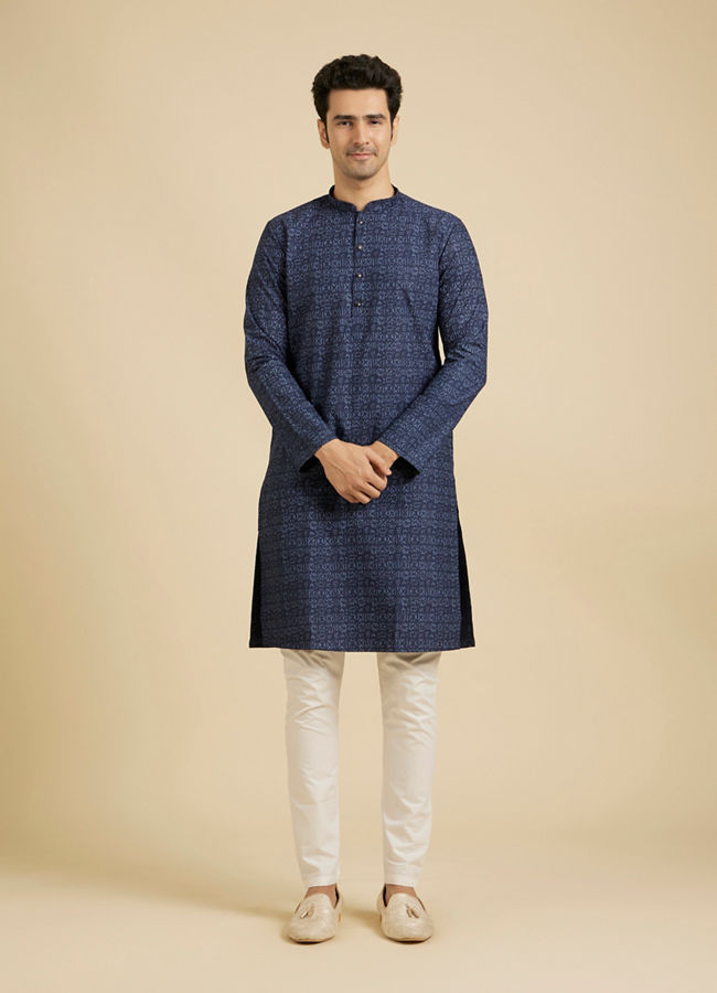 Manyavar Men Navy Blue Aztec Printed Kurta